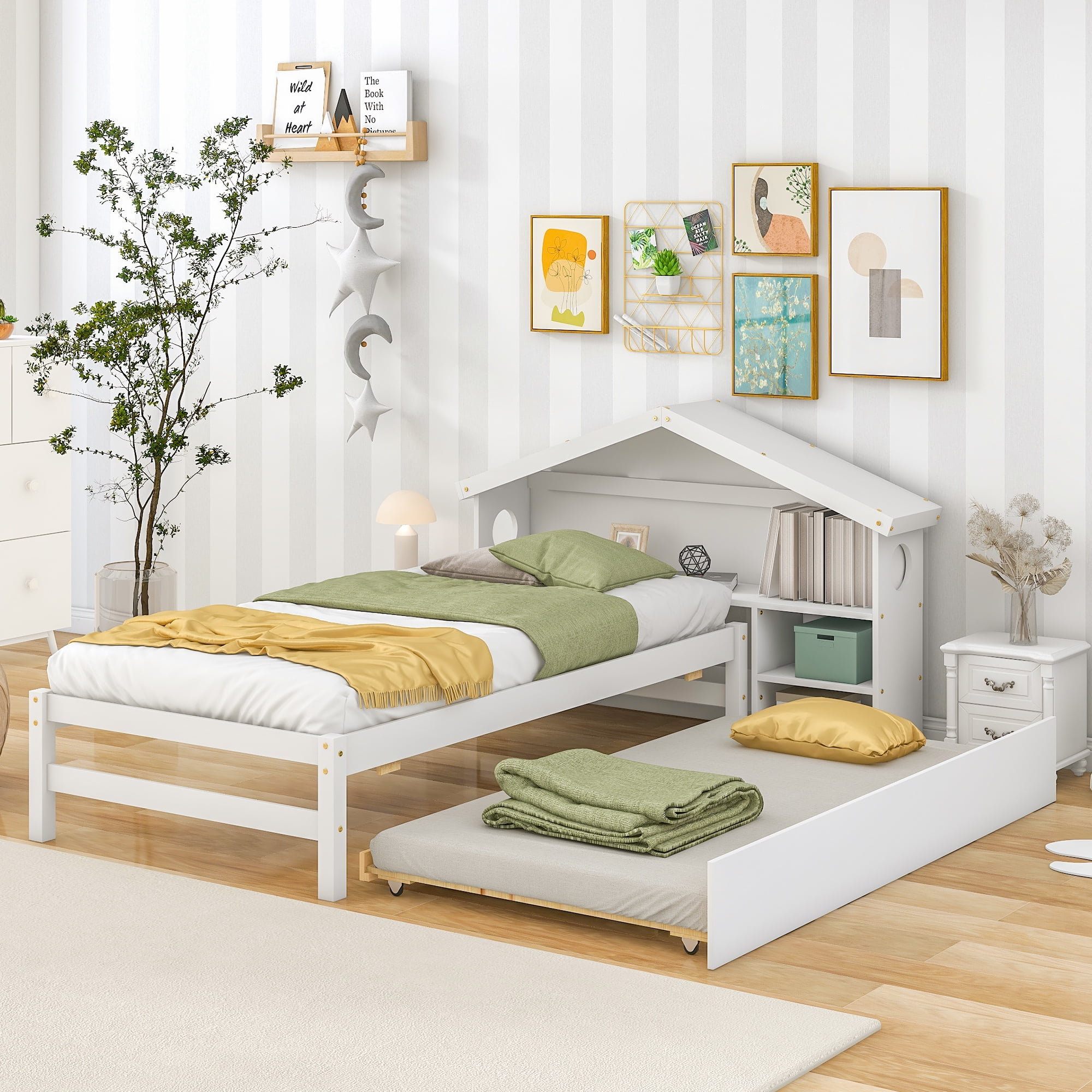 Euroco Wood Twin Size Platform Bed with Trundle and House Shelf for Kids, White