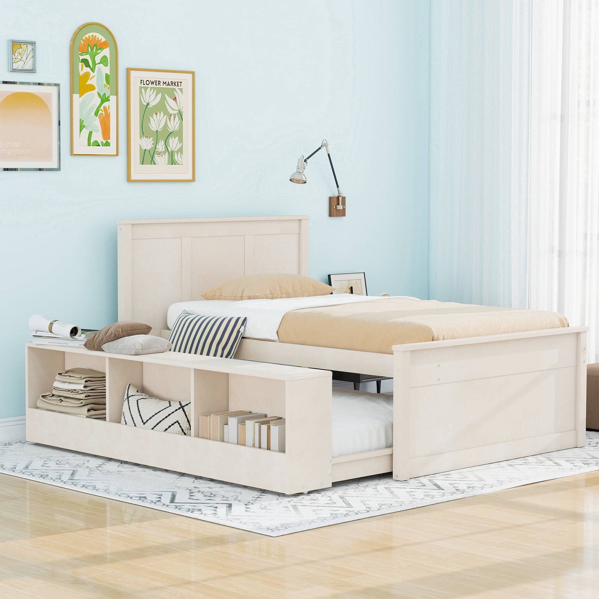 Euroco Wood Twin Size Platform Bed with Trundle and Storage Cabinets, Cream White