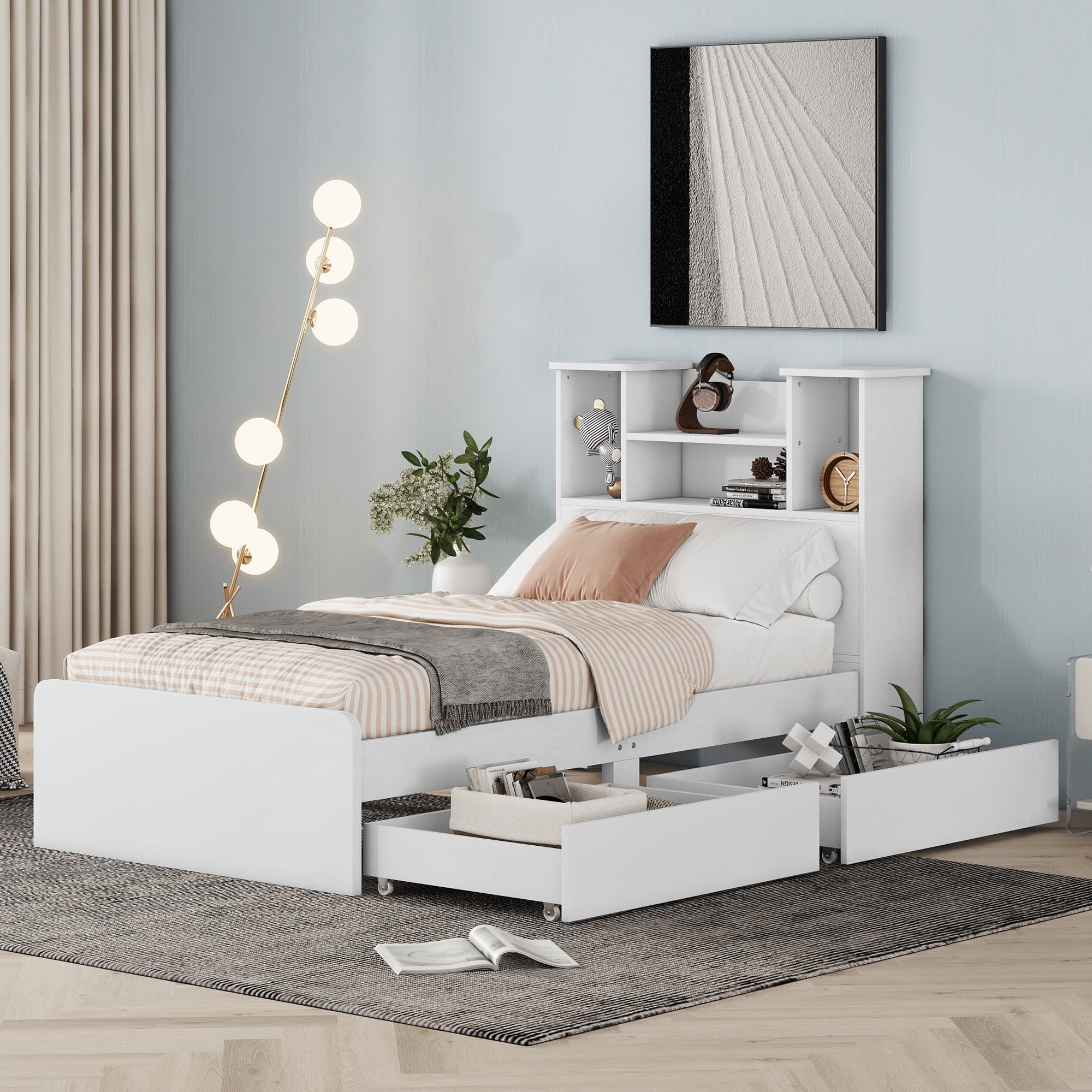 Euroco Wood Twin Size Platform Bed with 2 Drawers for Kids, Storage Shelf and LED Light Headboard, White