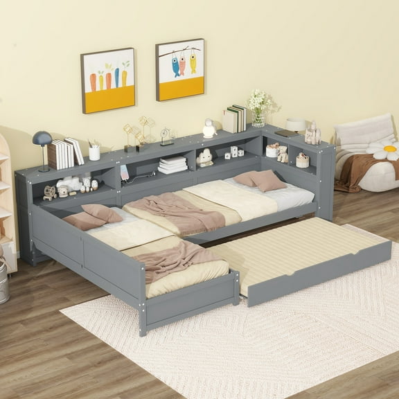 Euroco Wood Twin Size Platform Bed, L Shaped Daybeds with Storage Headboard and USB Charging, 3-in-1 Bed with Trundle and Drawer, Gray