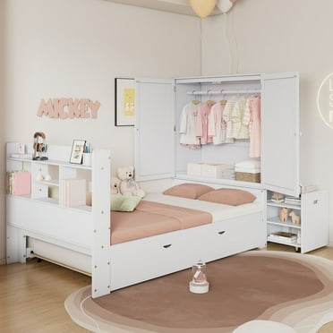 Euroco Wood Twin Size Platform Bed with Wardrobe and Trundle, Storage Cabinets and Shelves for Kids