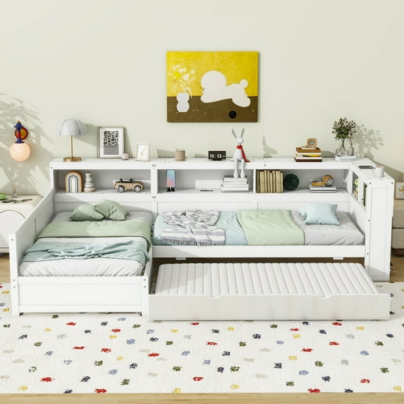 Euroco Wood Twin Size Platform Bed, L Shaped Daybeds with Storage Headboard and USB Charging, 3-in-1 Bed with Trundle and Drawer, White
