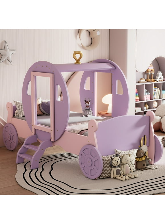 Euroco Wood Twin Size Princess Carriage Bed with Crown, Fairy tale Twin Platform Pumpkin Carriage Bed for Girls, Purple&Pink