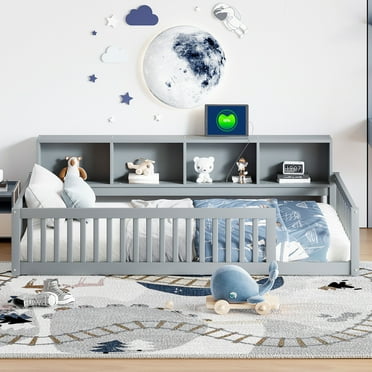 Euroco Wood Twin XL Floor Bed, Low Profile Daybed with Storage Shelves and USB Charging Station, Gray