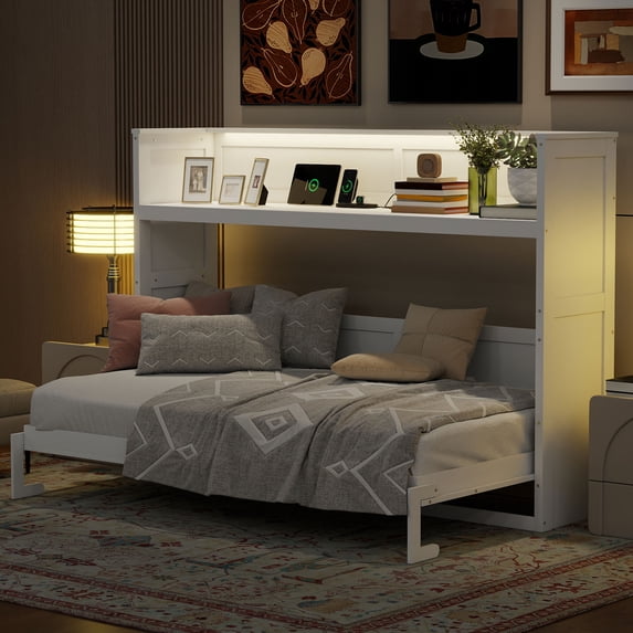 Euroco Wood Twin XL Murphy Bed with Desk and LED Light, Storage Wall Bed with USB Charging Station