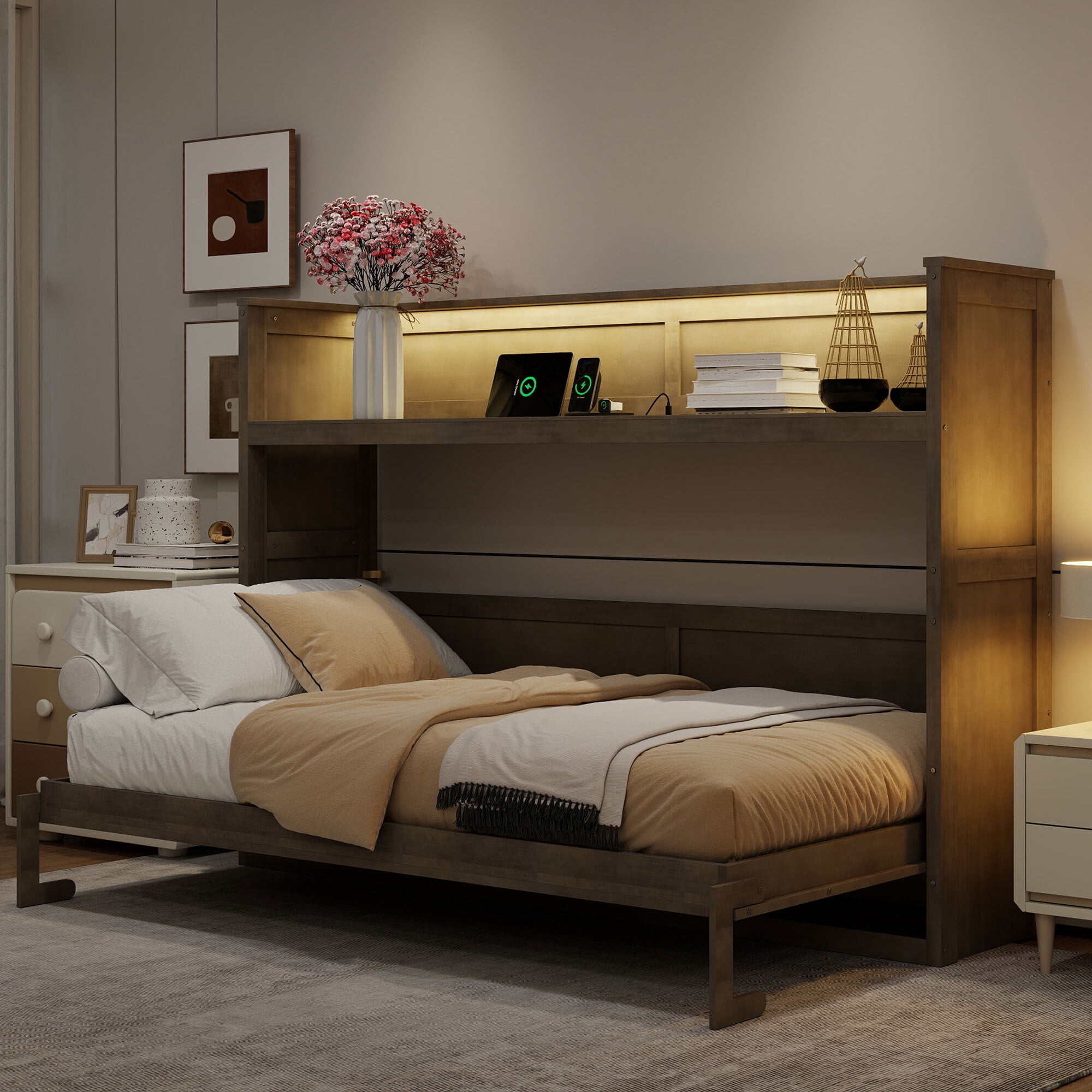 Euroco Wood Twin XL Murphy Bed with Desk and LED Light, Storage Wall Bed with USB Charging Station