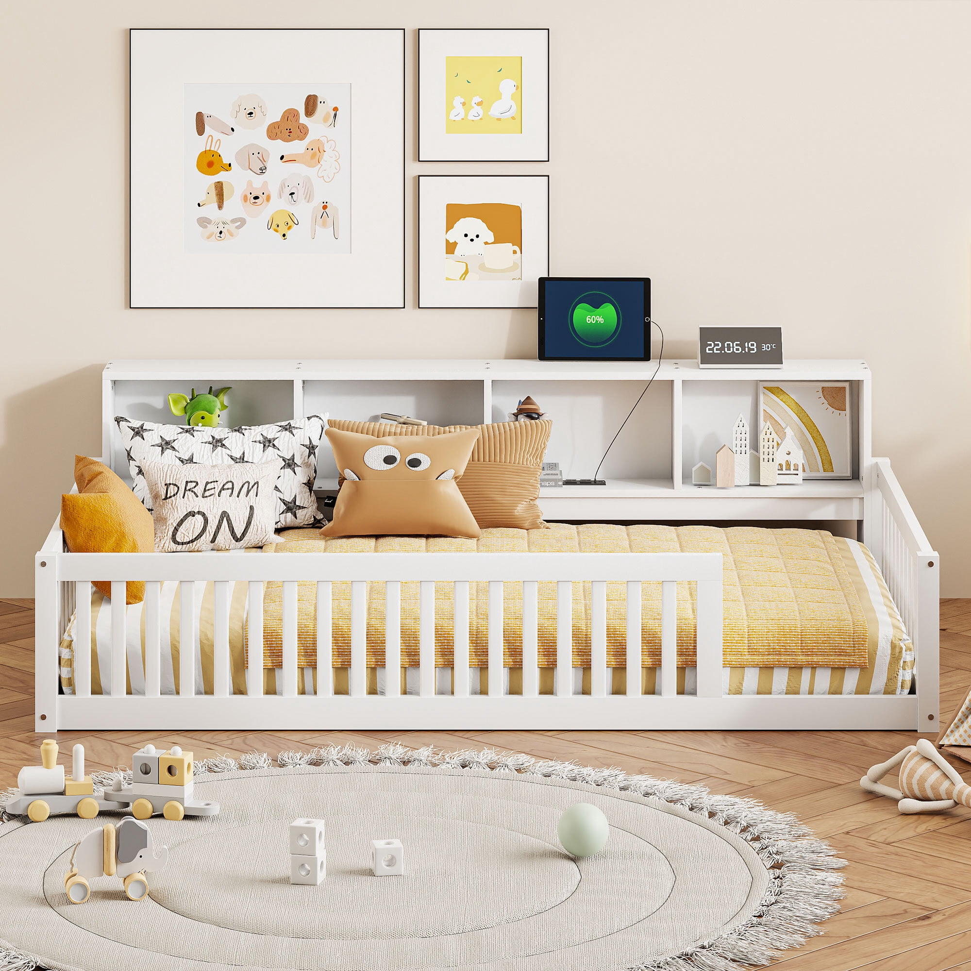 Euroco Wood Twin XL Platform Bed, Floor Bed with Storage and USB Ports, White