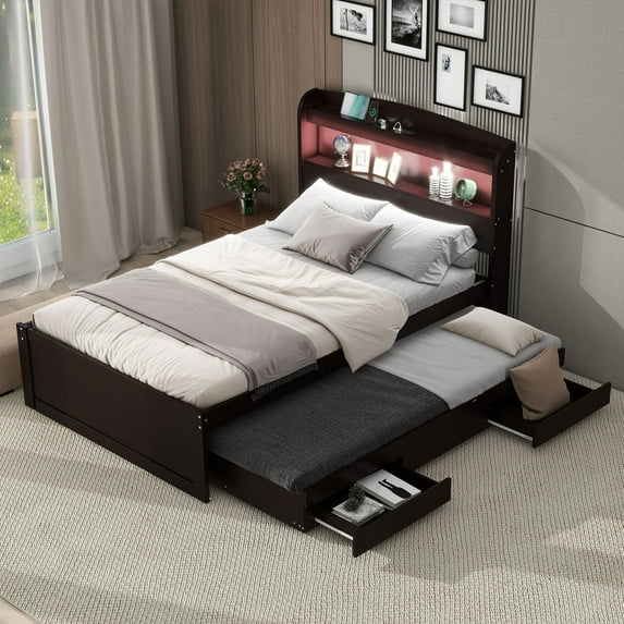 Euroco Wood Twin XL Platform Bed with Trundle and Drawers, Storage Headboard with LED Light and USB Charging, Espresso