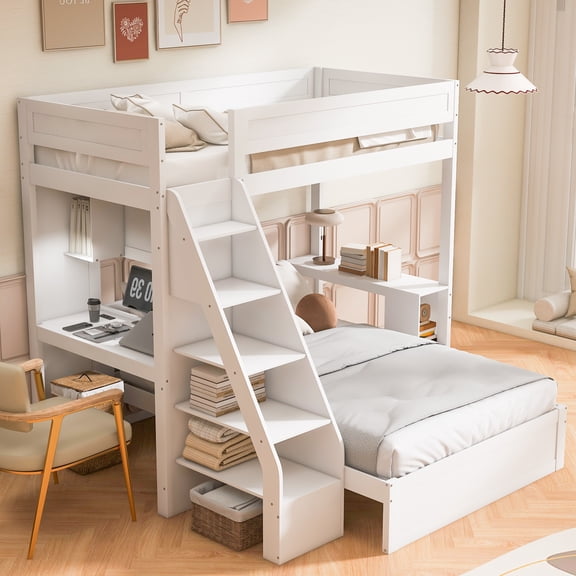 Euroco Wood Twin XL over Full Bunk Bed with Desk, Storage Bed with Shelves and USB Ports, White