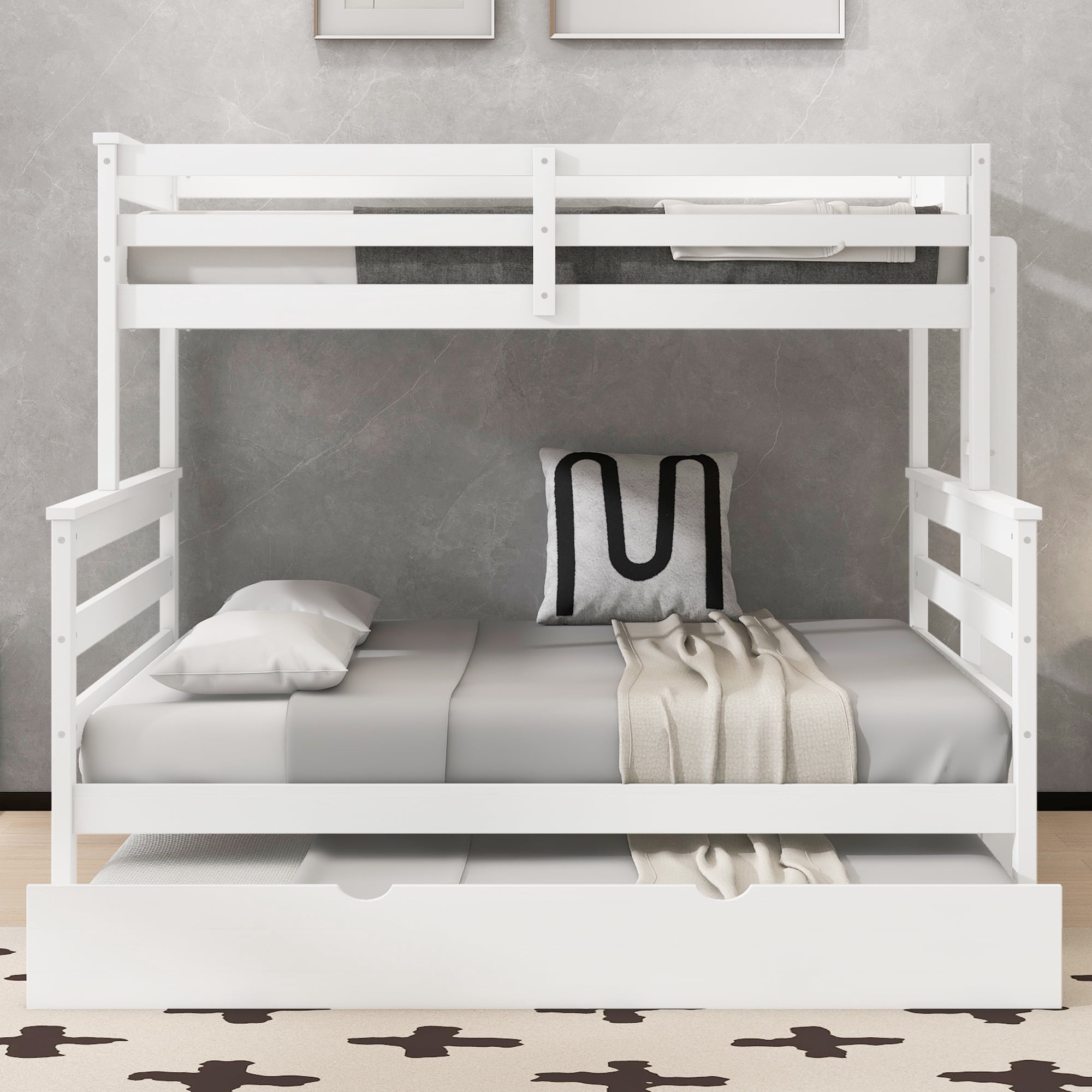 Euroco Wood Twin XL over Queen Bunk Bed with Trundle, 3 Beds in One Design, White
