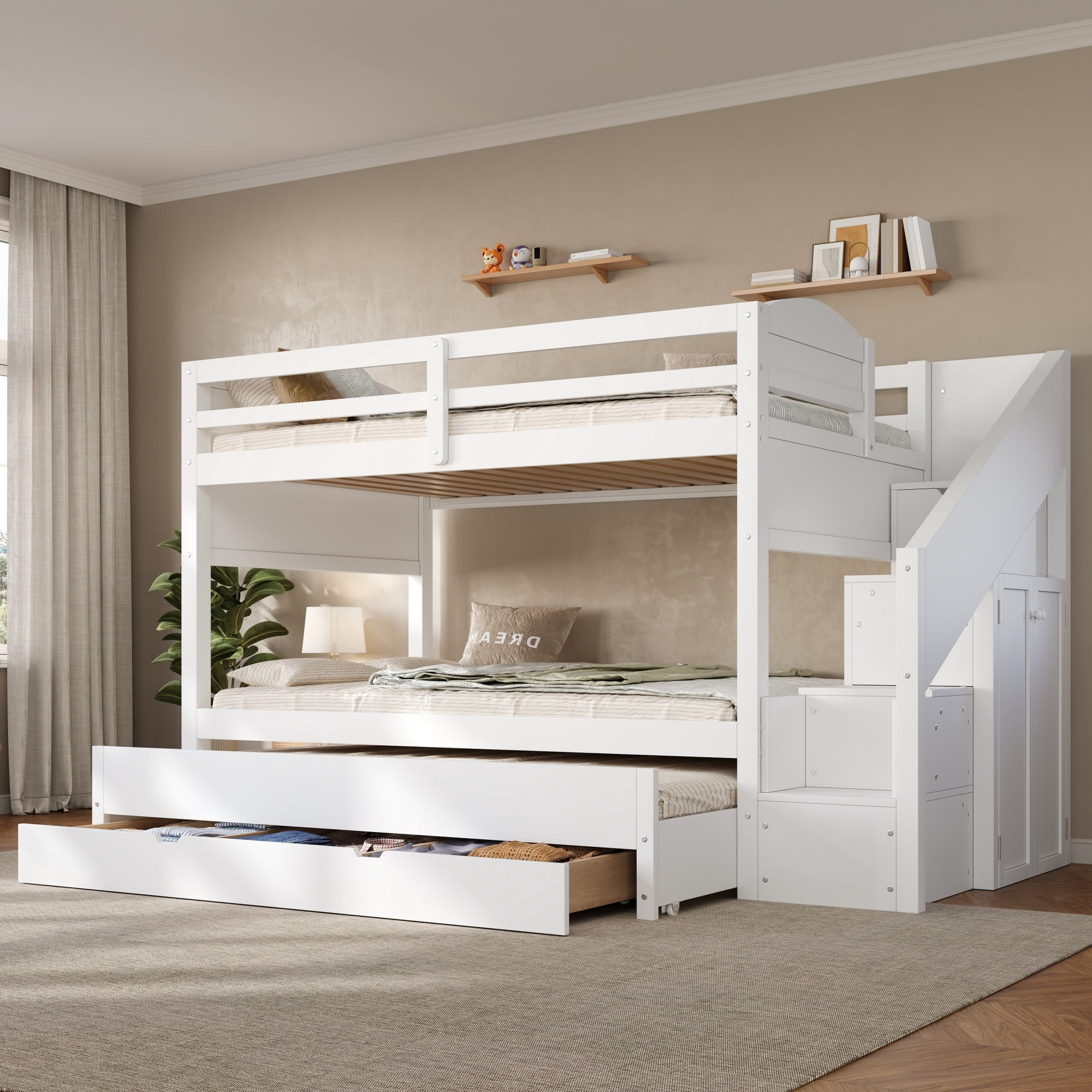 Euroco Wood Twin XL over Twin XL Bunk Bed with Trundle and Drawers,Storage Staircase and Wardrobe, White