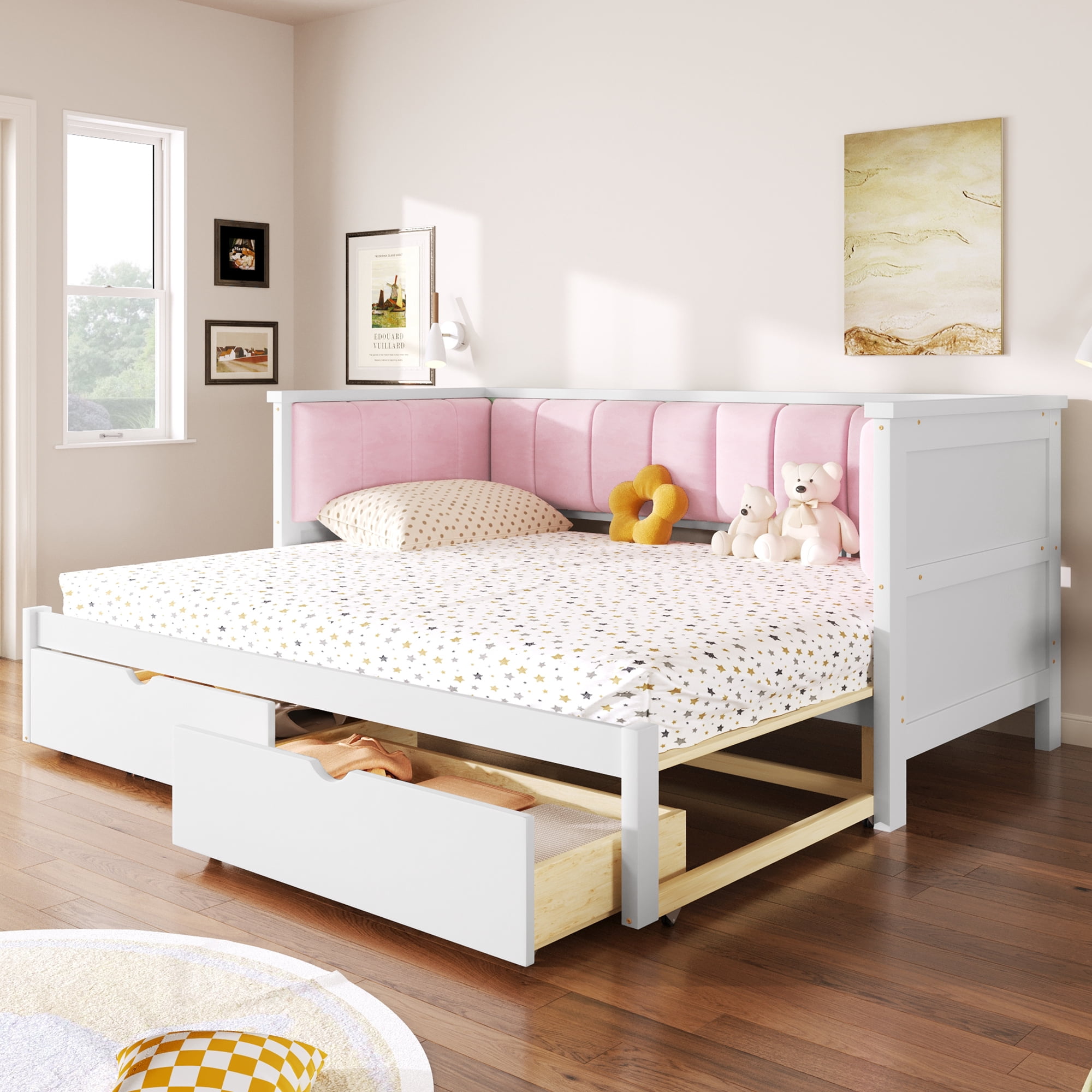 Euroco Wood Twin XL to King Size Daybed with Trundle and Drawers, Convertible Sofa Bed with Upholstery Backrest, White