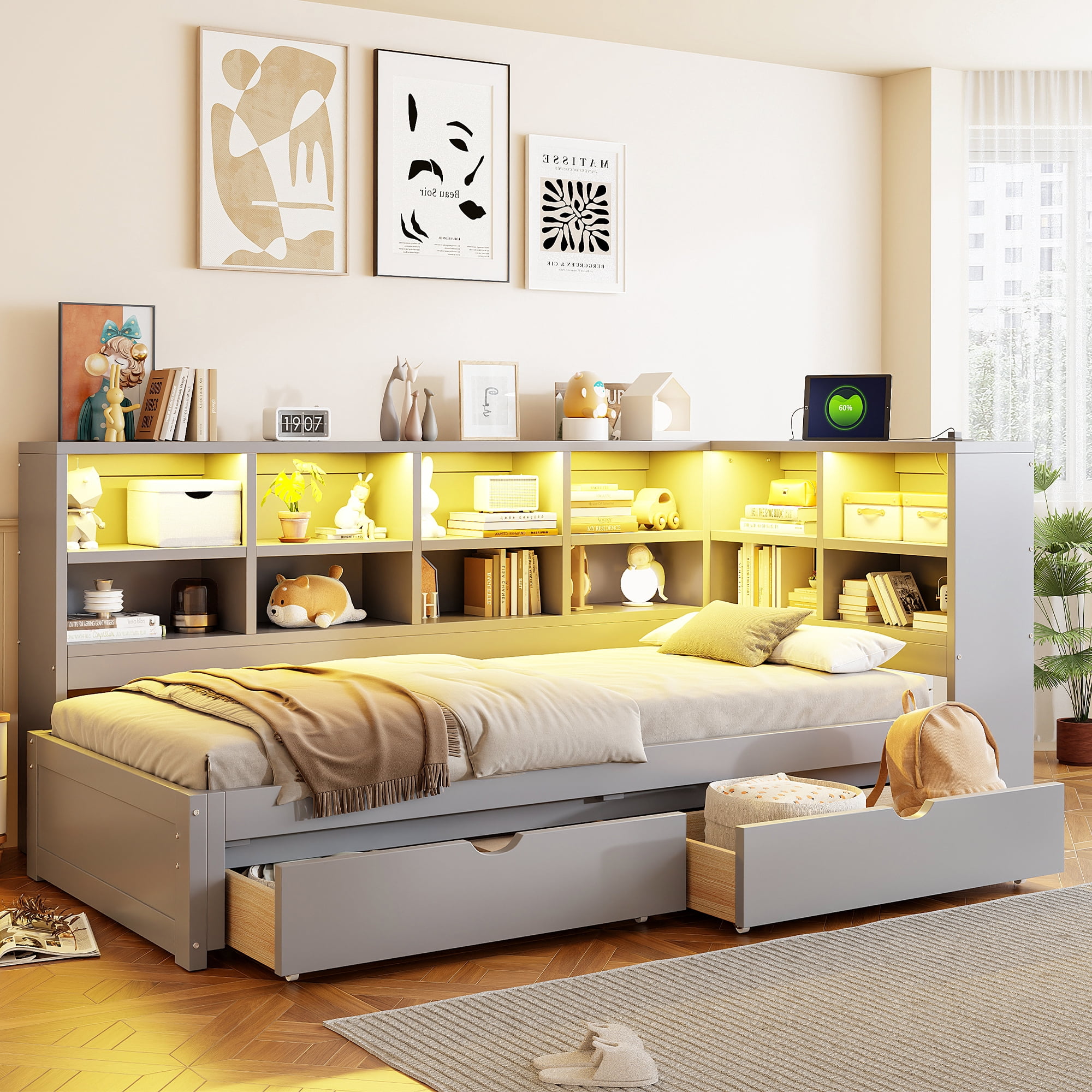 Euroco Wood Twin XL to King Size Daybed with Trundle and Drawers, Storage Headboard with LED Light and USB Ports, Gray