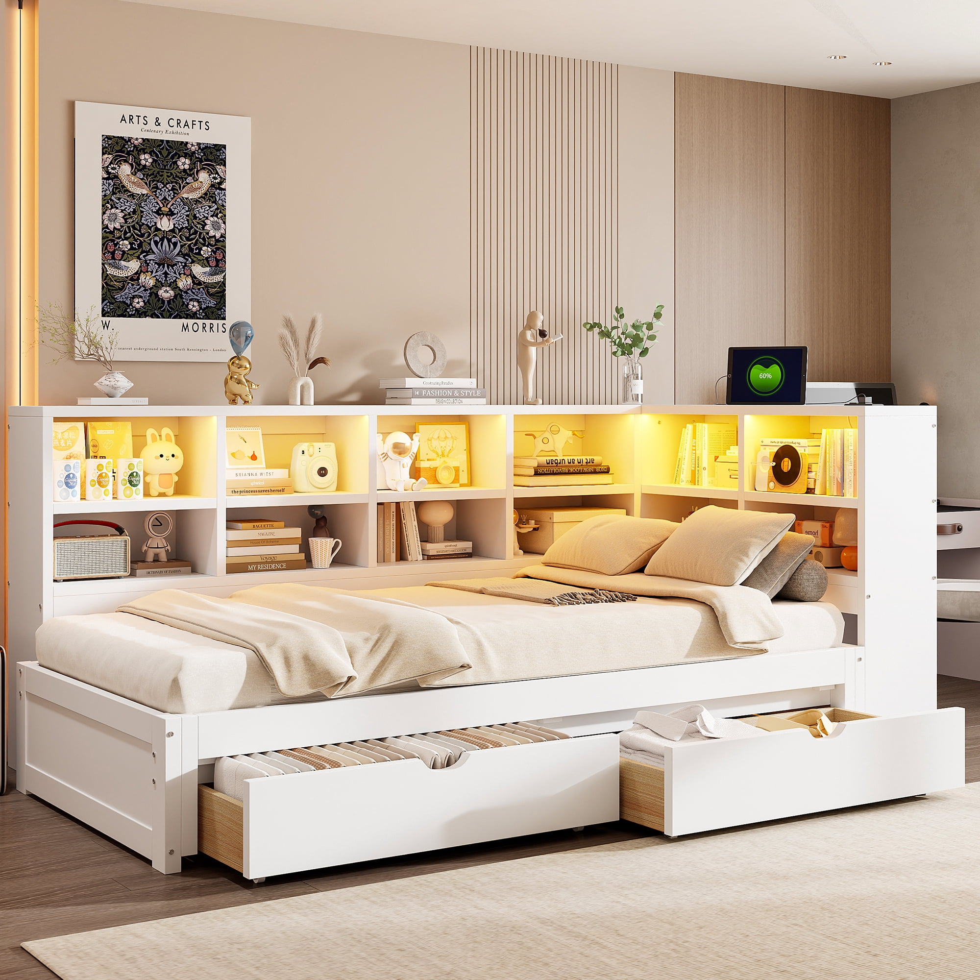 Euroco Wood Twin XL to King Size Daybed with Trundle and Drawers, Storage Headboard with LED Light and USB Ports, White