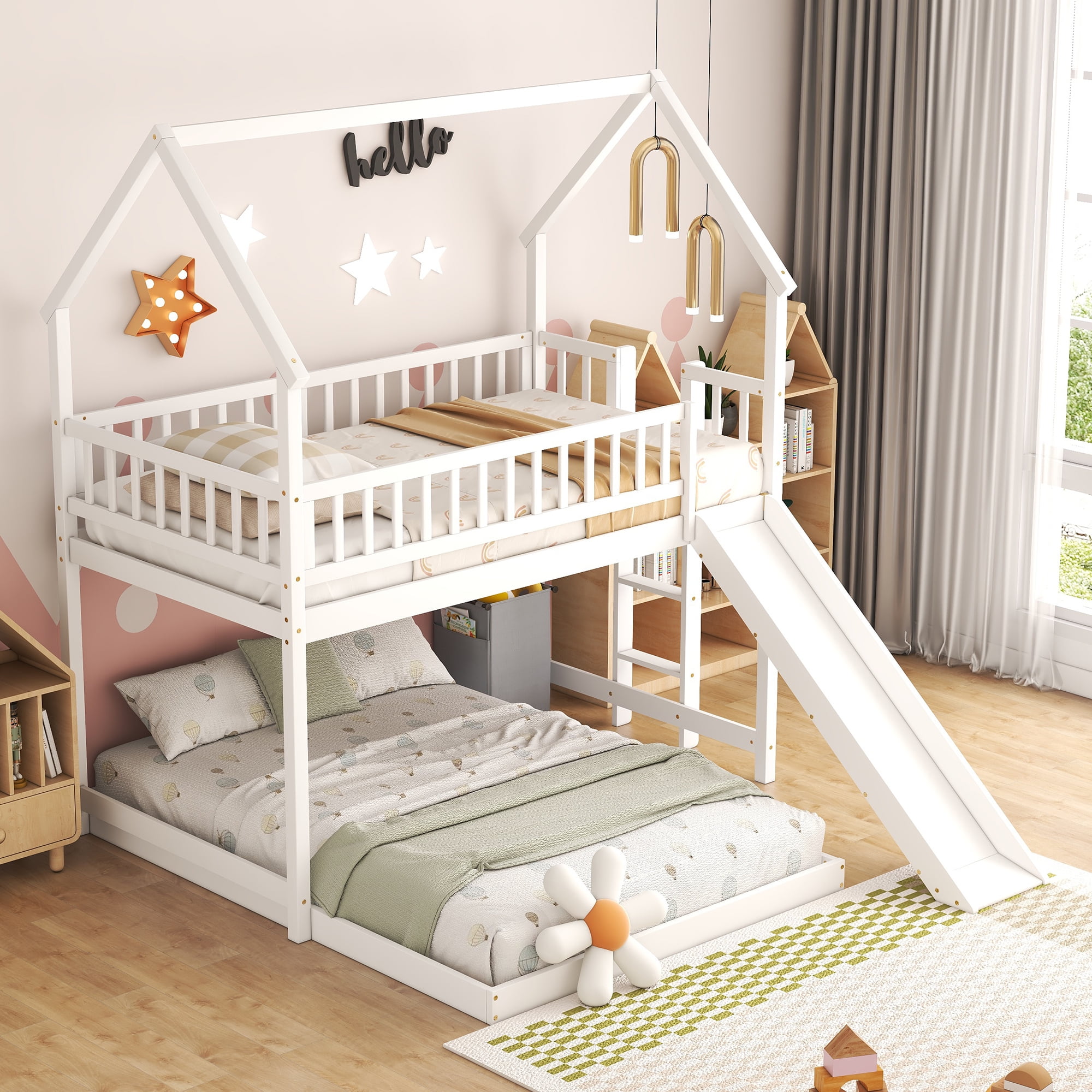 Euroco Wood Twin over Full Bunk Bed, House Bed with Slide for Kids, White