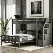 Euroco Wood Twin over Full Bunk Bed, Loft Bed with Moveable Full Platform Bed, Storage Staircase for Kids Teens Adults, Gray
