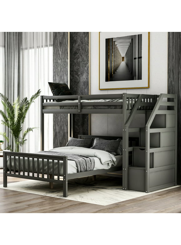 Euroco Wood Twin over Full Bunk Bed, Loft Bed with Moveable Full Platform Bed, Storage Staircase for Kids Teens Adults, Gray