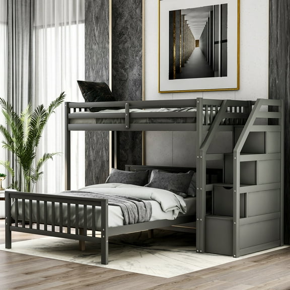 Euroco Wood Twin over Full Bunk Bed, Loft Bed with Moveable Platform Bed, Storage Staircase for Kids Teens Adults, Gray