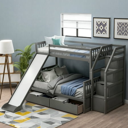 Euroco Wood Twin over Full Bunk Bed with 2 Drawers and Slide, Storage Staircase for Bedroom, Gray