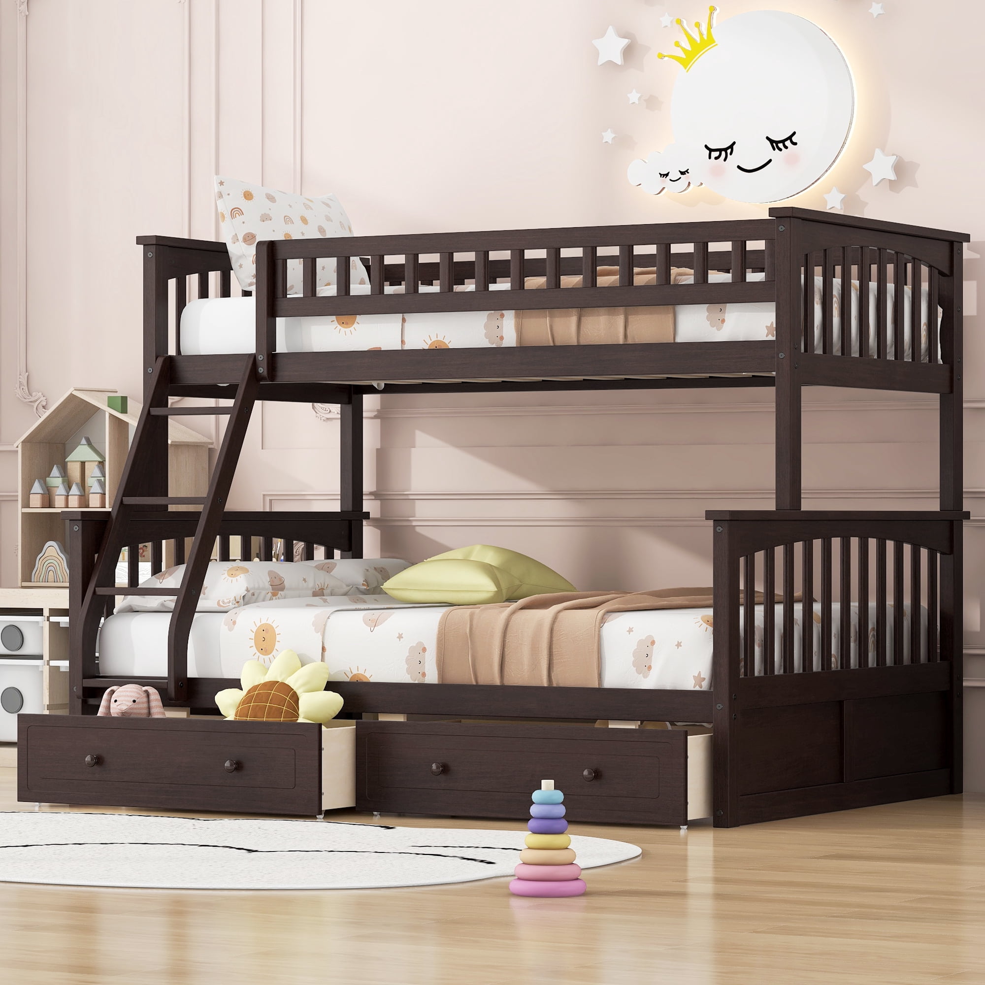 Euroco Wood Twin over Full Bunk Bed with Drawers, Convertible Two Beds in One, Espresso