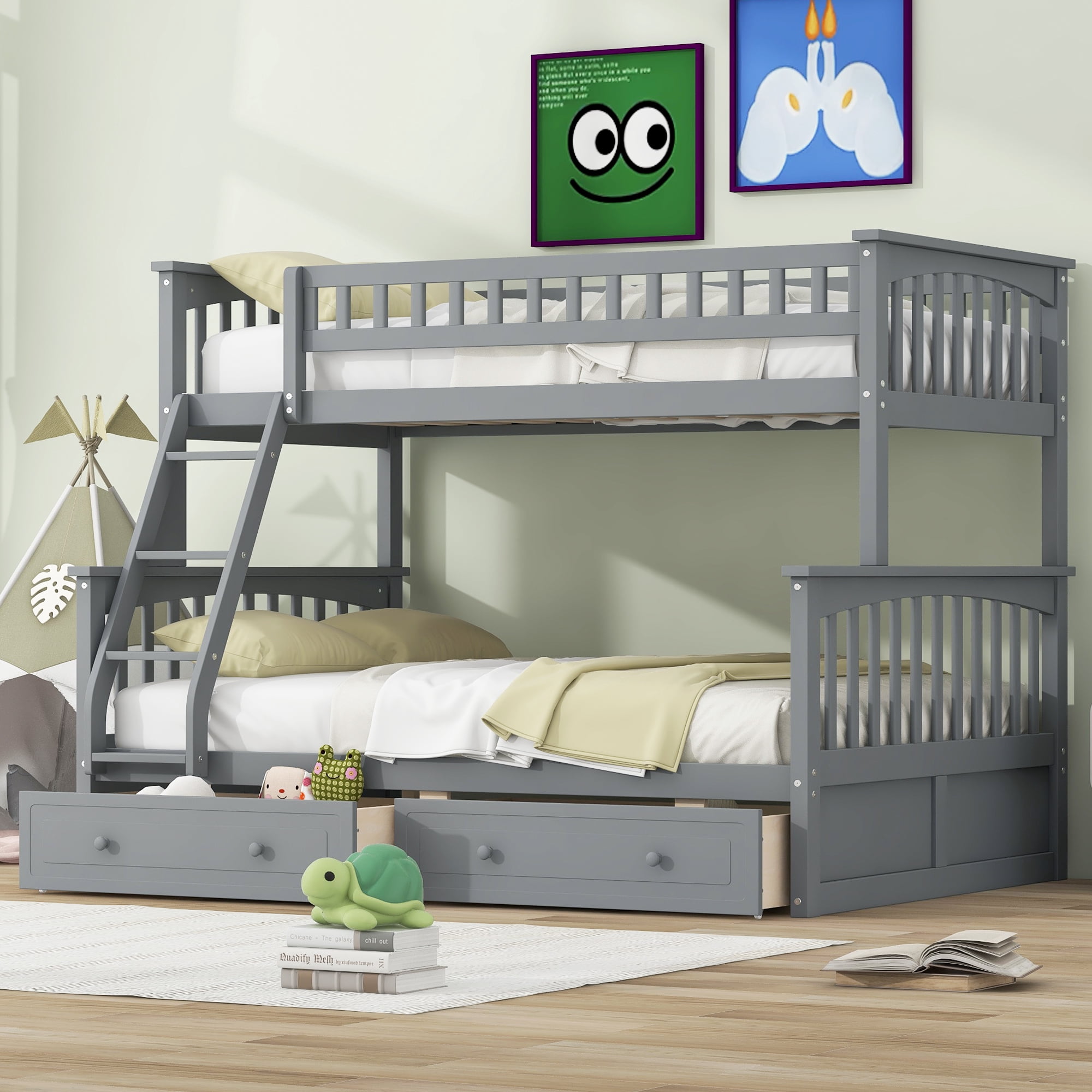 Euroco Wood Twin over Full Bunk Bed with Drawers, Convertible Two Beds in One, Gray
