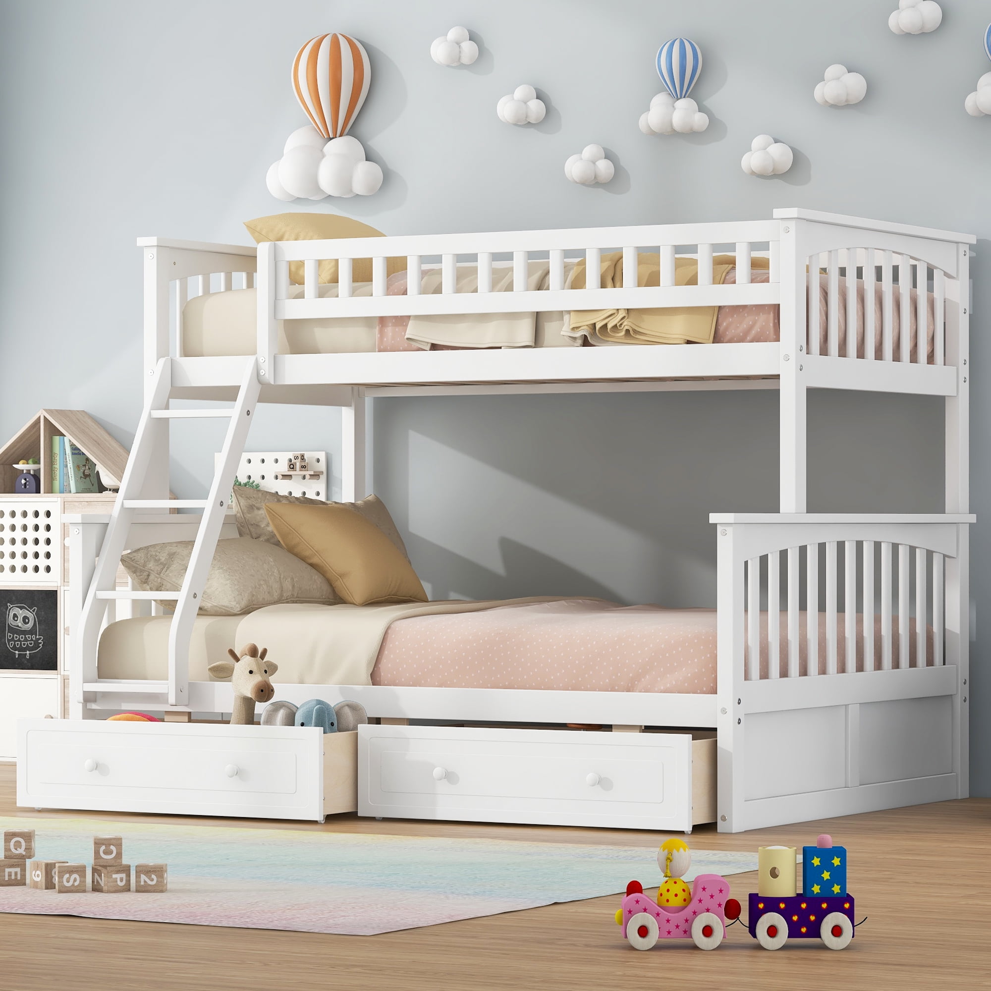Euroco Wood Twin over Full Bunk Bed with Drawers, Convertible Two Beds in One, White