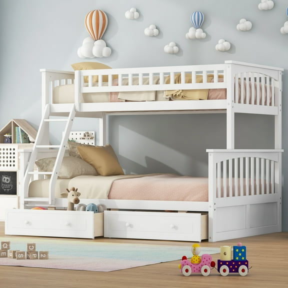 Euroco Wood Twin over Full Bunk Bed with Drawers, Convertible Two Beds in One, White