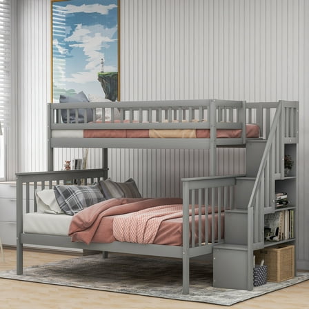 Euroco Wood Twin over Full Bunk Bed with Stairs and Storage Shelf for Kids Teens Bedroom, Gray