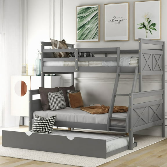 Euroco Wood Twin over Full Bunk Bed with Trundle for Kids Teens & Adults Bedroom, Gray