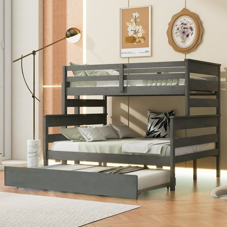Euroco Wood Twin over Full Size Bunk Bed with Trundle, 3-in-1 Beds for Kids Teens Bedroom, Divided Bunk Bed Frame, Gray