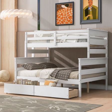 Euroco Wood Twin over Full Size Bunk Bed with Two Drawers, 2-in-1 Beds for Kids Teens Bedroom, Divided Bunk Bed Frame, White