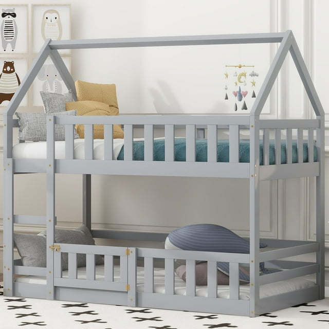 Euroco Wood Twin over Twin Bunk Bed, House Bunk Bed with Fence and Door