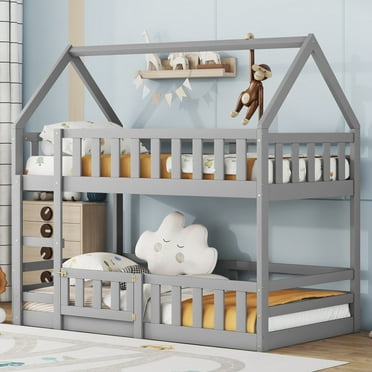 Euroco Wood Twin over Twin Bunk Bed, House Floor Bed with Fence and Door, Gray