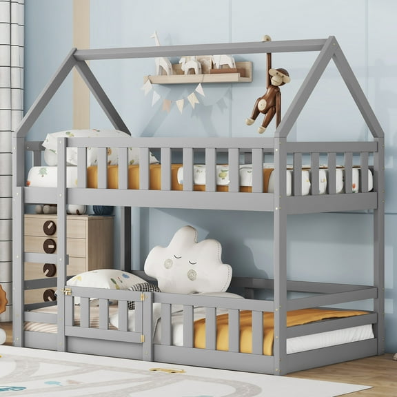Euroco Wood Twin over Twin Bunk Bed, House Floor Bed with Fence and Door for Kids Teens, Gray
