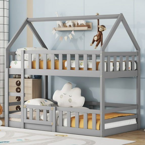 Euroco Wood Twin over Twin Bunk Bed, House Floor Bed with Fence and Door for Kids Teens, Gray