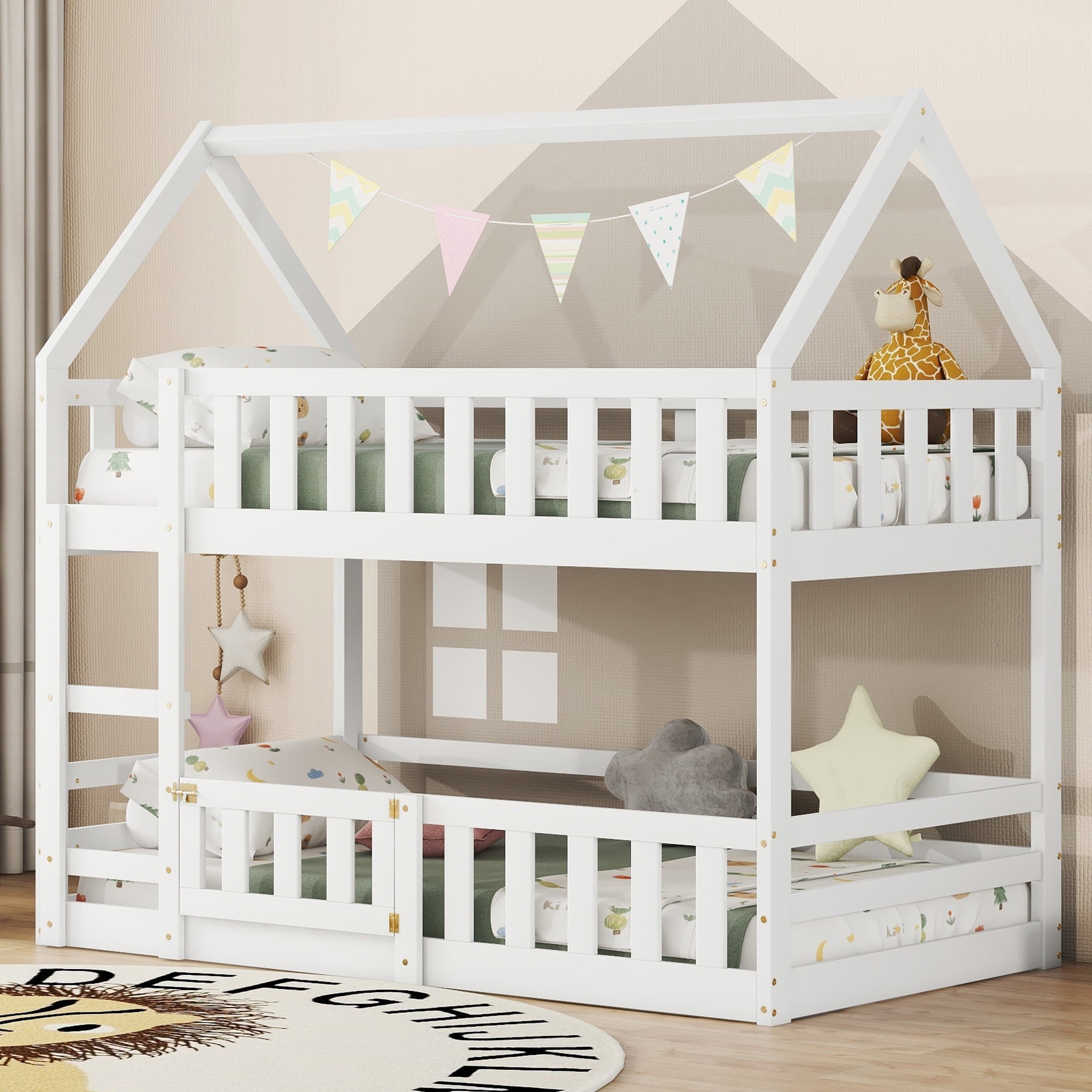 Euroco Wood Twin over Twin Bunk Bed, House Floor Bed with Fence and Door for Kids Teens, Gray
