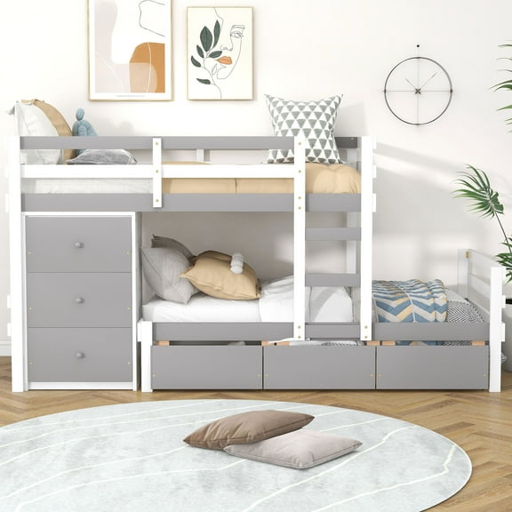 Euroco Wood Twin over Twin Bunk Bed with 6 Drawers, Gray