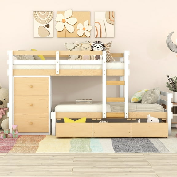 Euroco Wood Twin over Twin Bunk Bed with 6 Drawers, Natural