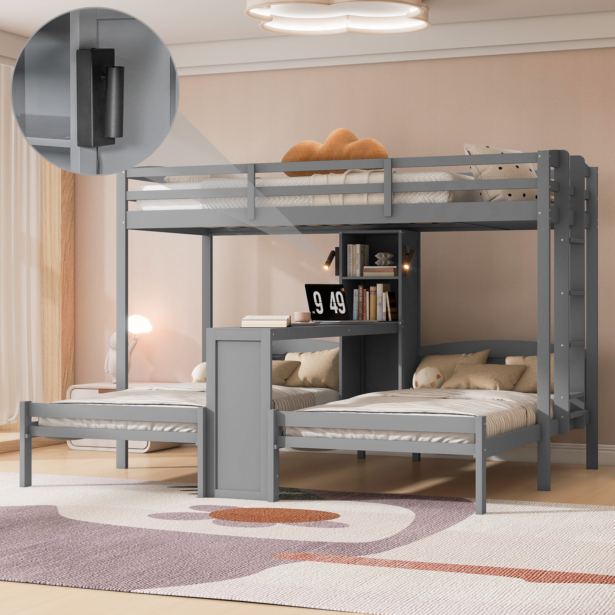 Euroco Wood Twin over Twin Bunk Bed with Desk, 3 Beds in 1 with Shelves and Reading Lamps, Gray