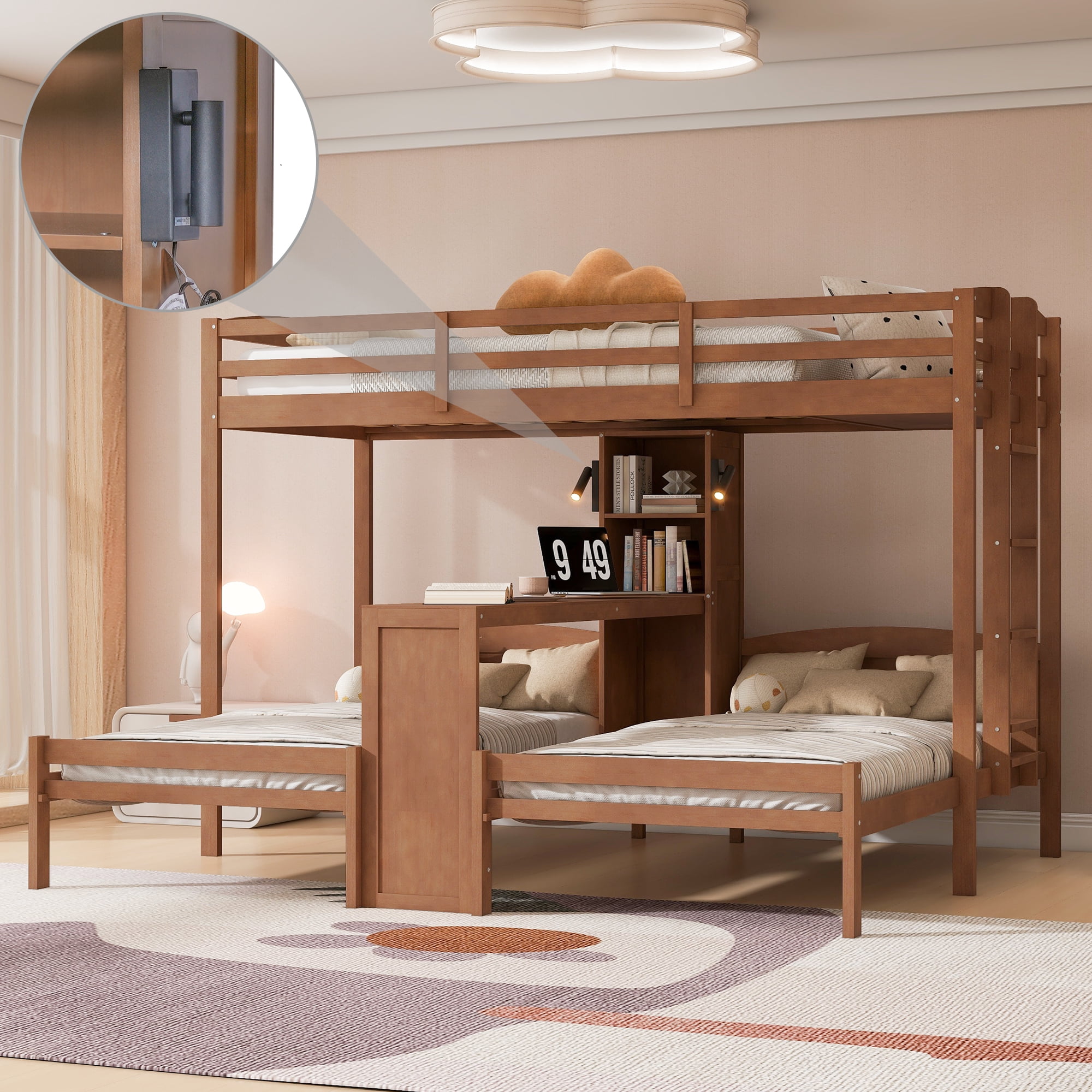 Euroco Wood Twin over Twin Bunk Bed with Desk, 3 Beds in 1 with Shelves and Reading Lamps, Natural