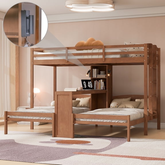 Euroco Wood Twin over Twin Bunk Bed with Desk, 3 Beds in 1 with Shelves and Reading Lamps, Natural