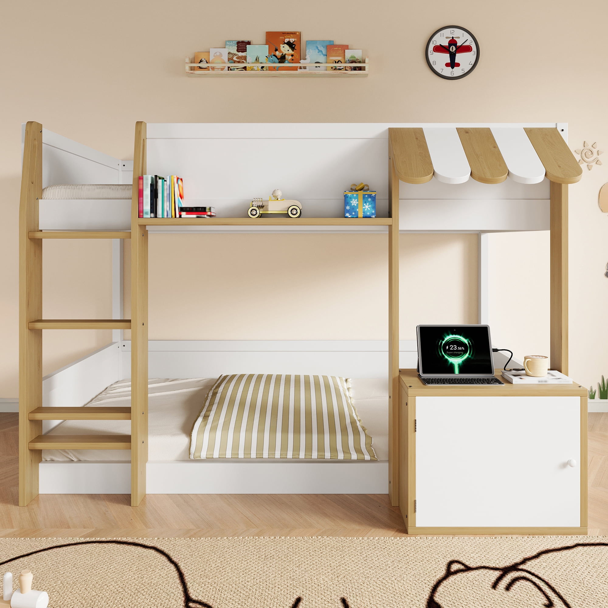 Euroco Wood Twin over Twin Bunk Bed with Desk and Cabinets, Storage Bed with Shelves and USB Ports, White
