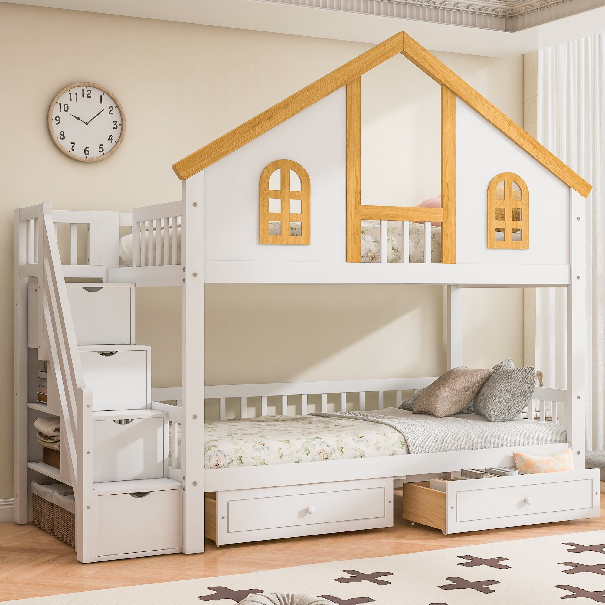 Euroco Wood Twin over Twin Bunk Bed with Drawers, House Bed with Storage Staircase, White