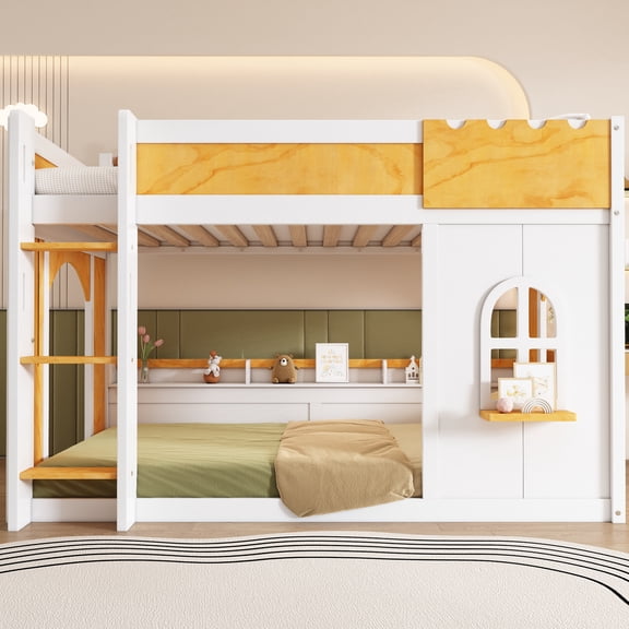 Euroco Wood Twin over Twin Bunk Bed with Storage Shelves, House Shaped Design Loft Bed, White & Natural