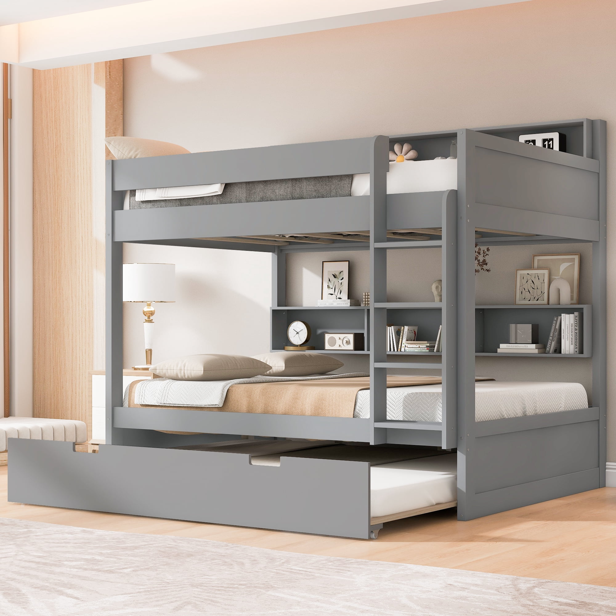 Euroco Wood Twin over Twin Bunk Bed with Storage Shelves and Trundle, Gray