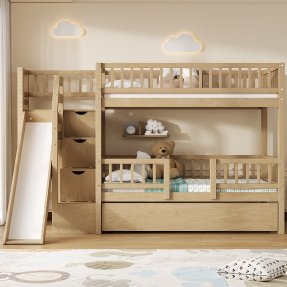 Euroco Wood Twin over Twin Bunk Bed with Trundle, 3 Beds in 1 with Storage Staircase and Slide, No Box Spring Needed, Walnut
