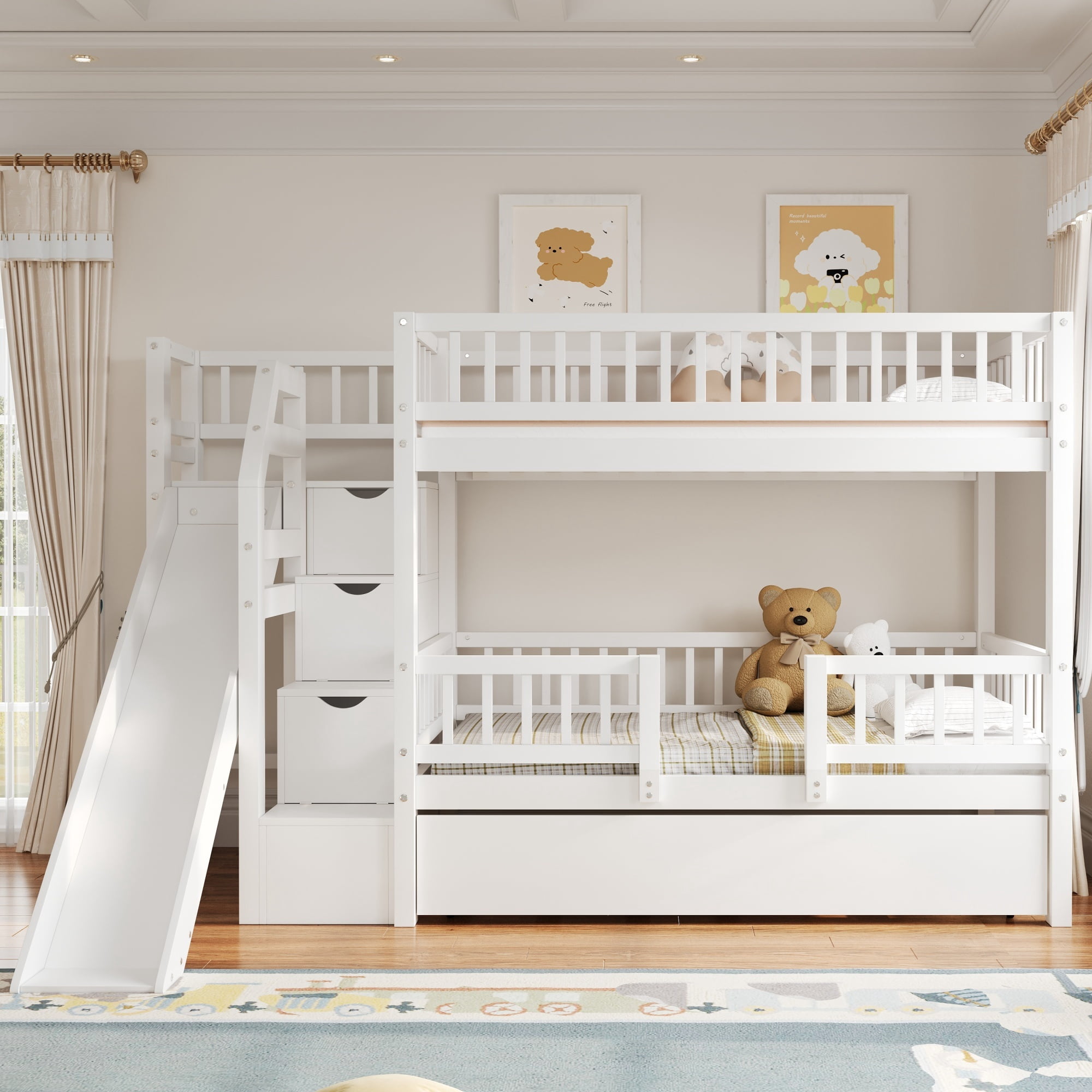 Euroco Wood Twin over Twin Bunk Bed with Trundle, 3 Beds in 1 with Storage Staircase and Slide, No Box Spring Needed, White