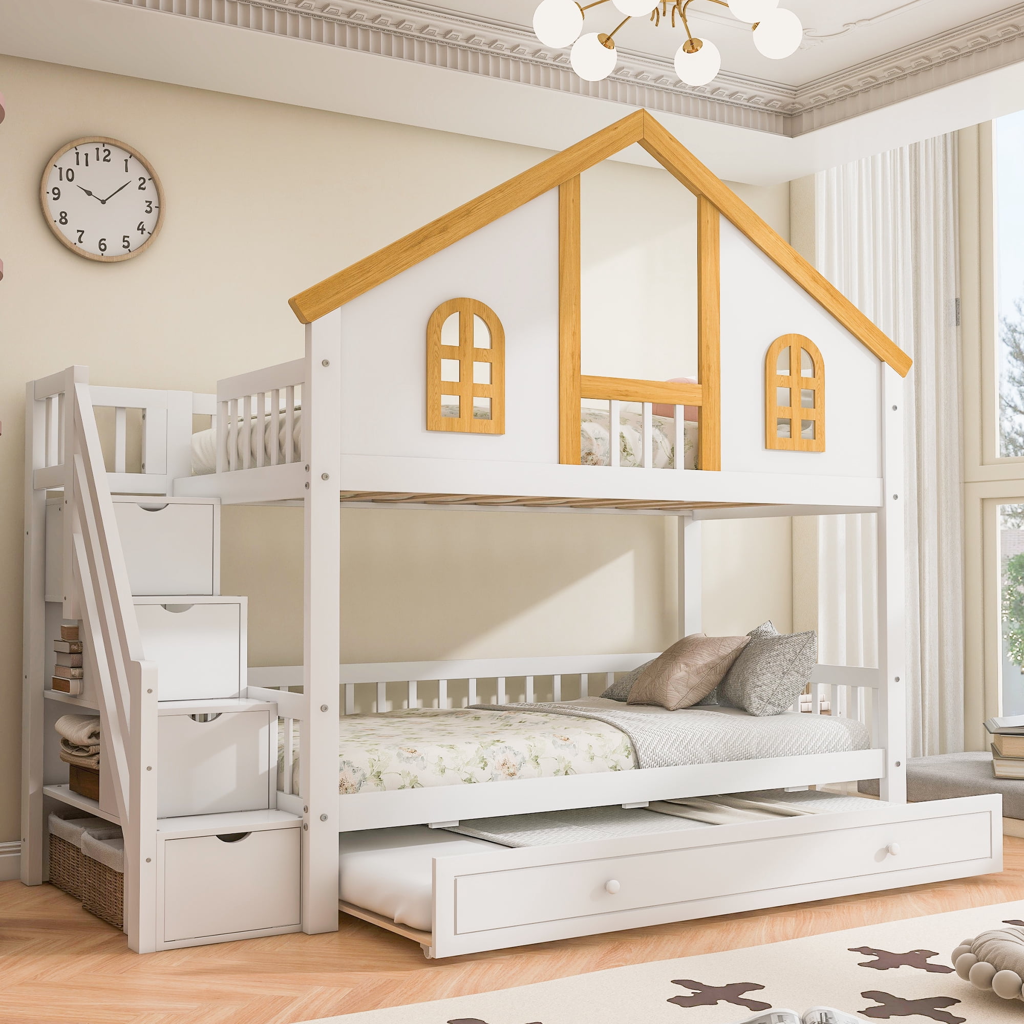 Euroco Wood Twin over Twin Bunk Bed with Trundle, House Bed with Storage Staircase, White
