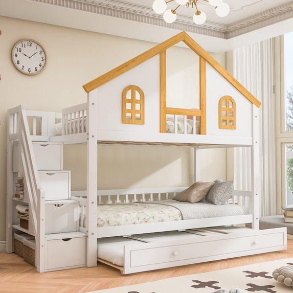 Euroco Wood Twin over Twin Bunk Bed with Trundle, House Bed with ...