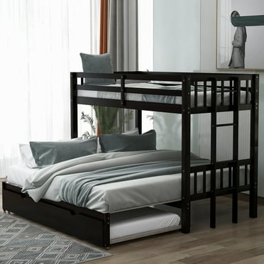 Euroco Wood Twin over Twin Bunk Bed with Trundle for Kids Room, Espresso
